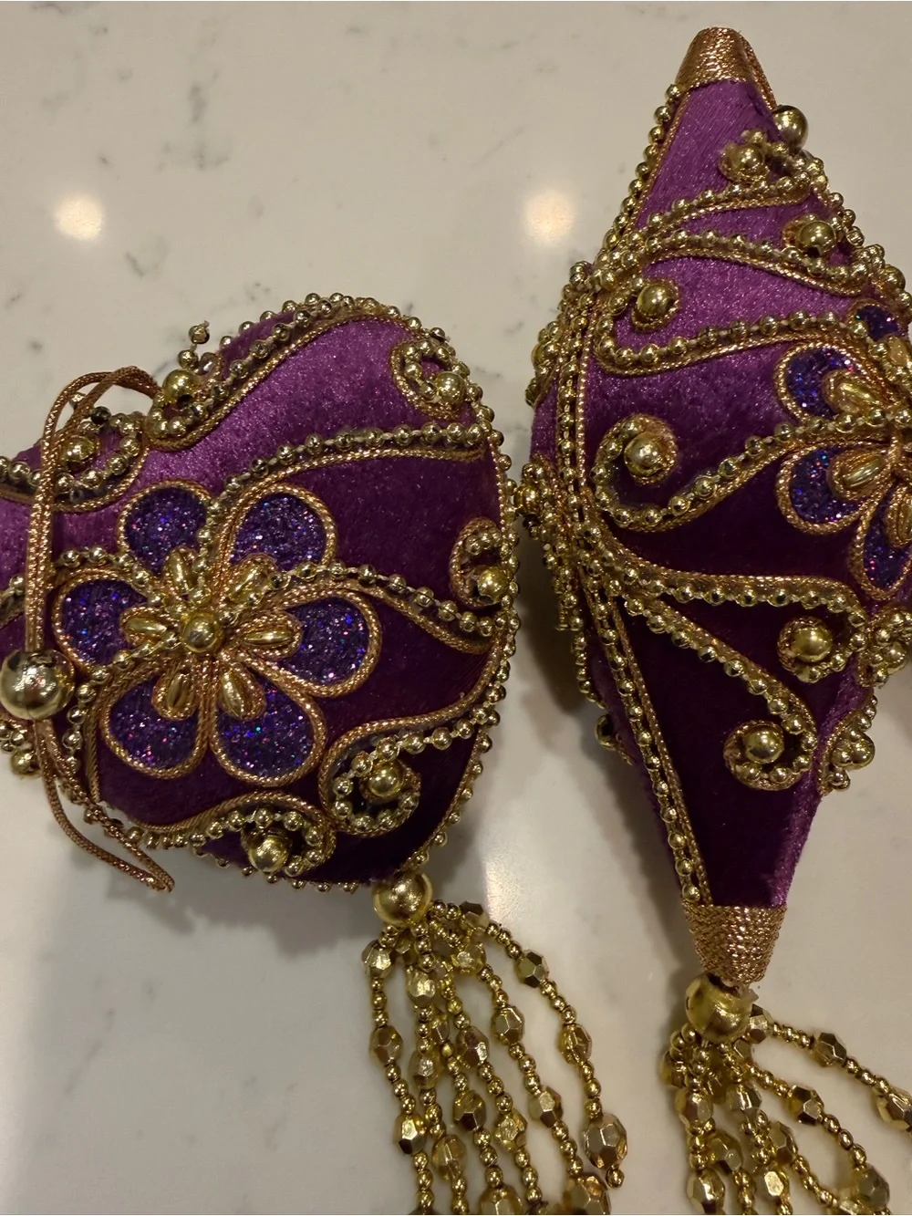 Jeweled Purple/Gold Velvet Beaded Christmas Ornaments Tassel Victorian Holiday